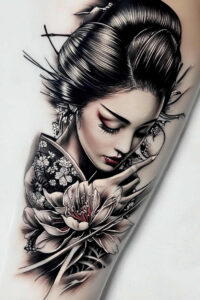 delicate-figure – tattoo design ideas free ai generated – surrealism-phantom-shadows – for-knee – Gallery: geisha-inkby-ai