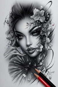 delicate-geisha-tattoo – tattoo design ideas free ai generated – realism-textured-light – for-heel – Gallery: geisha-inkby-ai