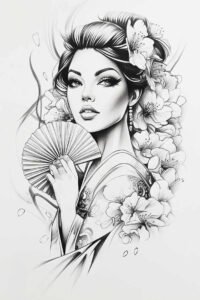 fan – tattoo design ideas free ai generated – realism-high-definition – for-abdomen – Gallery: geisha-inkby-ai