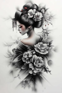 feminine-figure-tattoo-for-men – tattoo design ideas free ai generated – neotraditional-dynamic-composition – for-upper-chest – Gallery: geisha-inkby-ai