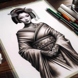 feminine-geisha – tattoo design ideas free ai generated – neotraditional-textured-fills – for-ribs – Gallery: geisha-inkby-ai