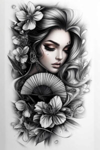 fine-line-geisha – tattoo design ideas free ai generated – neotraditional-expressive-lines – for-hip – Gallery: geisha-inkby-ai