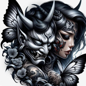 fine-line-geisha – tattoo design ideas free ai generated – neotraditional-strong-outlines – for-thigh – Gallery: geisha-inkby-ai
