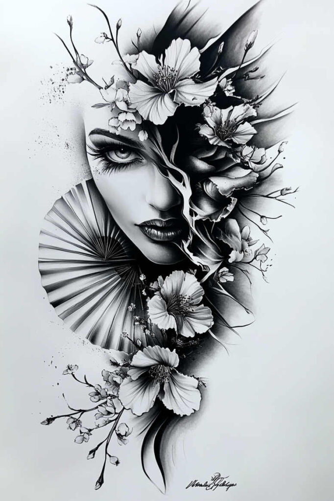 geisha-and-cherry-blossom – tattoo design ideas free ai generated – realism-optical-illusion – for-behind-ear – Gallery: geisha-inkby-ai