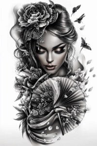geisha-and-light – tattoo design ideas free ai generated – realism-subtle-gradients – for-upper-chest – Gallery: geisha-inkby-ai