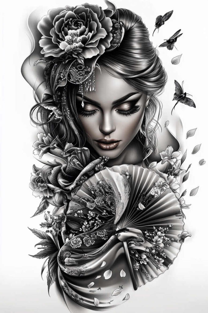 geisha-and-light – tattoo design ideas free ai generated – realism-subtle-gradients – for-upper-chest – Gallery: geisha-inkby-ai