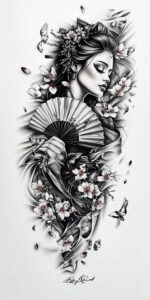 geisha-and-nature – tattoo design ideas free ai generated – realism-depth-illusion – for-upper-shoulder – Gallery: geisha-inkby-ai