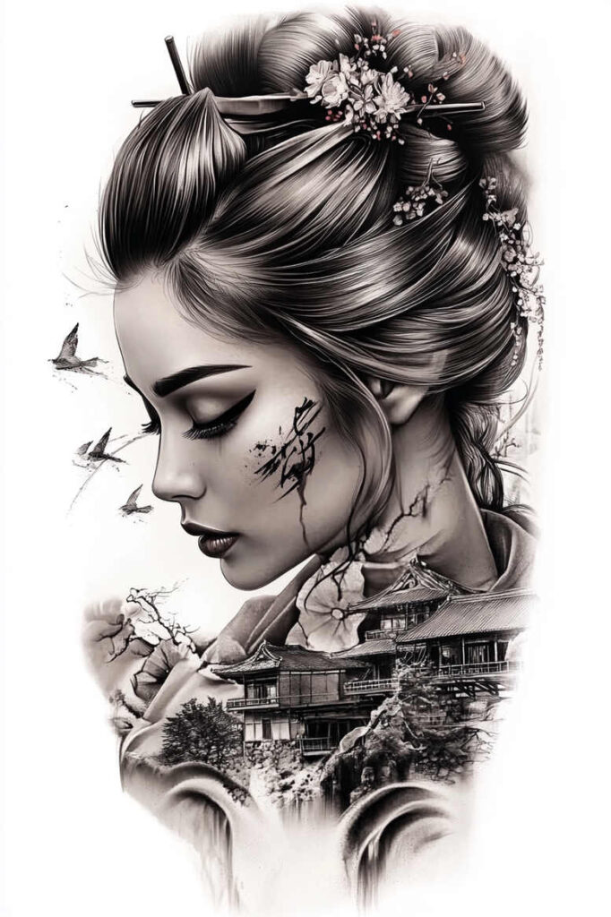 geisha-and-nature – tattoo design ideas free ai generated – surrealism-visionary – for-full-back – Gallery: geisha-inkby-ai