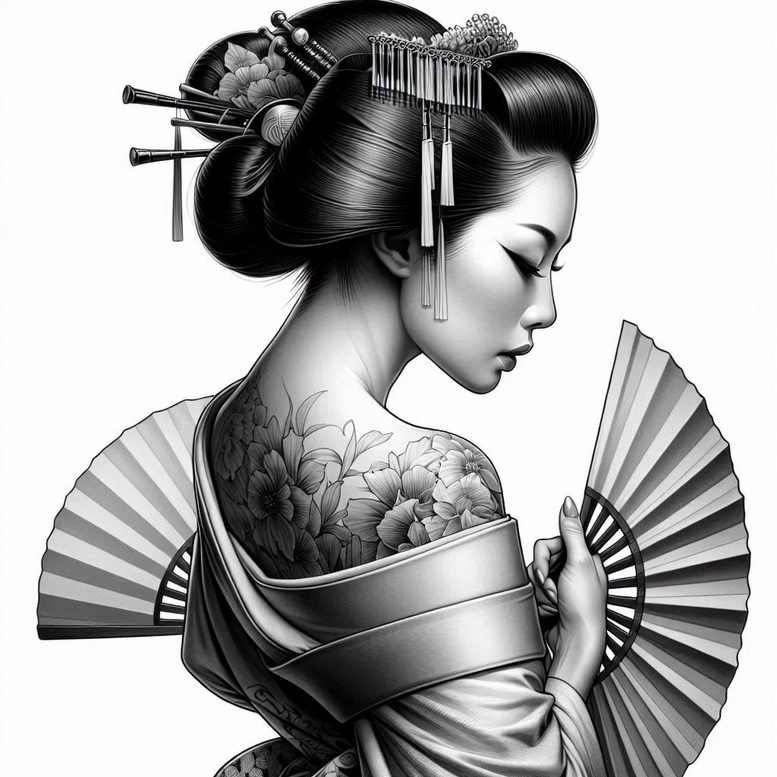 geisha-beauty-tattoo – tattoo design ideas free ai generated – realism-surface-complexity – for-back – Gallery: geisha-inkby-ai