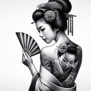 geisha-character – tattoo design ideas free ai generated – realism-natural-finish – for-upper-back – Gallery: geisha-inkby-ai