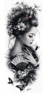 geisha-culture-tattoo – tattoo design ideas free ai generated – surrealism-dreamlike – for-ankle – Gallery: geisha-inkby-ai