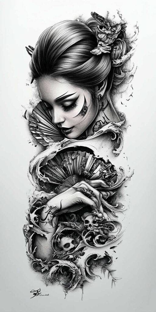 geisha-elegance – tattoo design ideas free ai generated – neotraditional-artistic-contrast – for-outer-arm – Gallery: geisha-inkby-ai