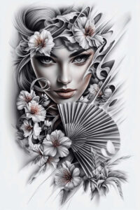 geisha-elegance – tattoo design ideas free ai generated – neotraditional-rich-shading – for-upper-shoulder – Gallery: geisha-inkby-ai