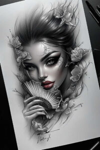 geisha-expression – tattoo design ideas free ai generated – realism-micro-realism – for-arm – Gallery: geisha-inkby-ai
