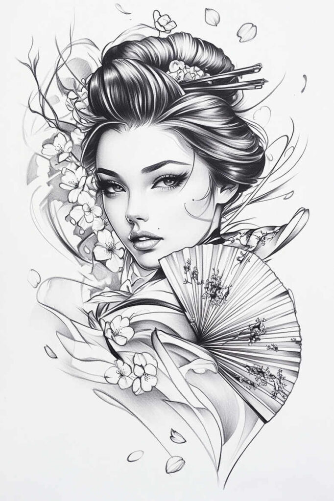 geisha-illustration – tattoo design ideas free ai generated – neotraditional-sharp-contrast – for-fingers – Gallery: geisha-inkby-ai