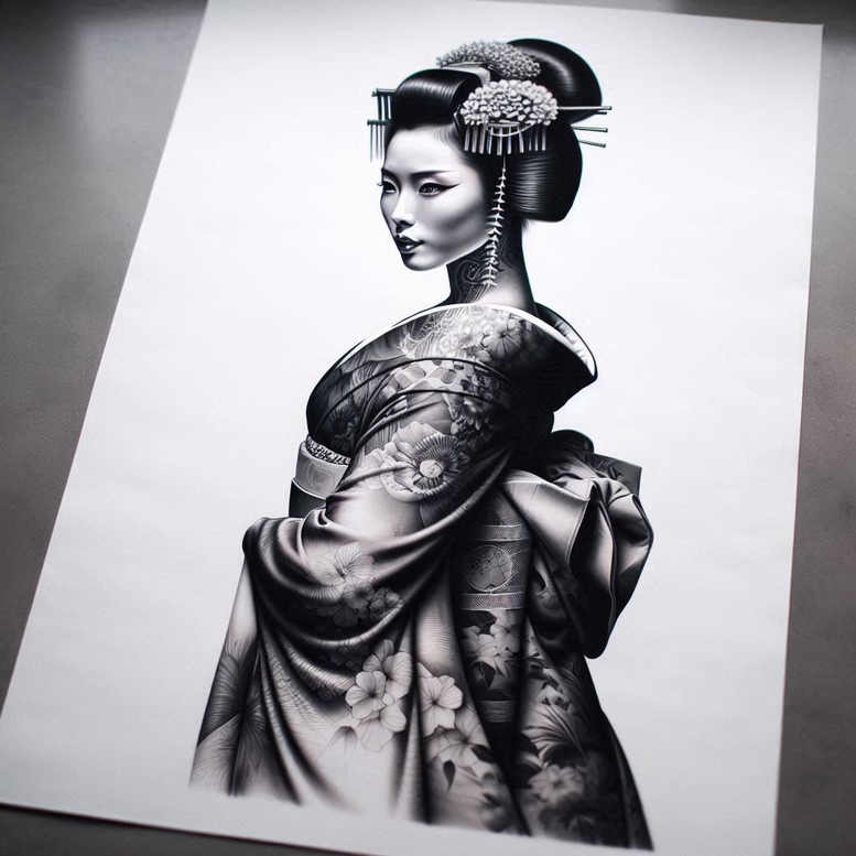 geisha-in-delicate-style-for-men – tattoo design ideas free ai generated – surrealism-ethereal-textures – for-stomach – Gallery: geisha-inkby-ai