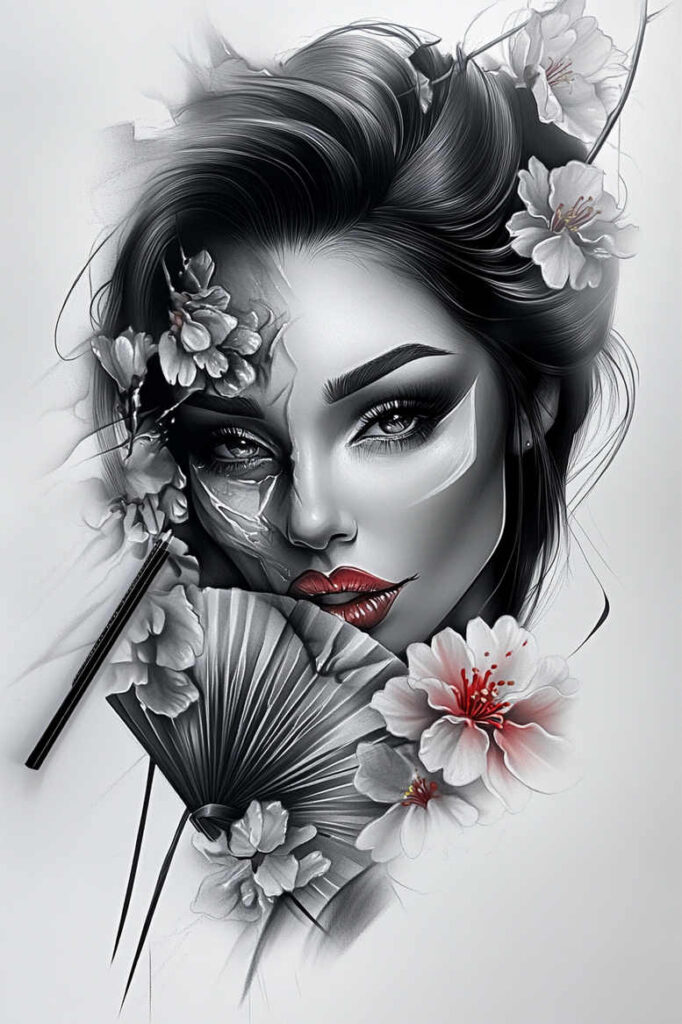 geisha-in-delicate-style-for-men – tattoo design ideas free ai generated – surrealism-melting-forms – for-knee – Gallery: geisha-inkby-ai