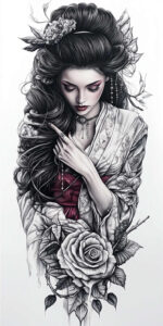 geisha-in-motion – tattoo design ideas free ai generated – neotraditional-modern-classic – for-upper-chest – Gallery: geisha-inkby-ai