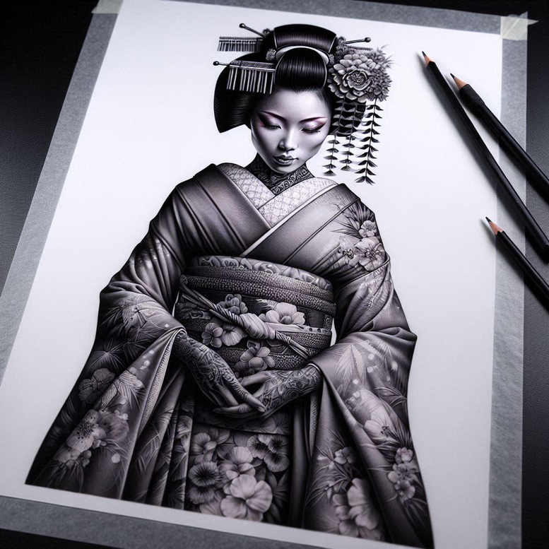 geisha-in-motion – tattoo design ideas free ai generated – neotraditional-structured-design – for-outer-arm – Gallery: geisha-inkby-ai