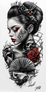 geisha-in-motion – tattoo design ideas free ai generated – surrealism-surreal-lighting – for-scapula – Gallery: geisha-inkby-ai