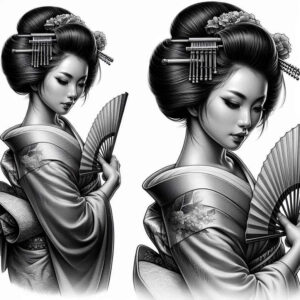 geisha-in-shadow – tattoo design ideas free ai generated – neotraditional-clean-fill – for-hip – Gallery: geisha-inkby-ai