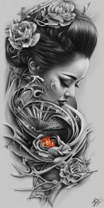 geisha-in-tradition – tattoo design ideas free ai generated – neotraditional-layered-fill – for-toe – Gallery: geisha-inkby-ai
