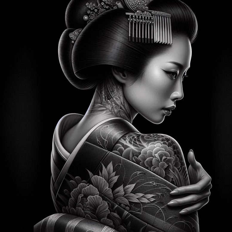 geisha-in-tradition – tattoo design ideas free ai generated – surrealism-distorted-perspective – for-shoulder – Gallery: geisha-inkby-ai