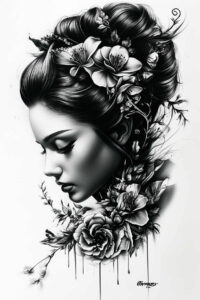 geisha-in-tradition – tattoo design ideas free ai generated – surrealism-morphic – for-neck – Gallery: geisha-inkby-ai