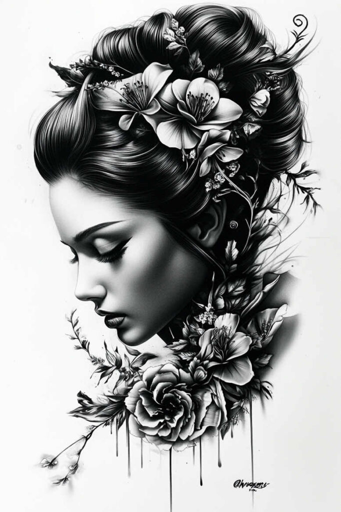 geisha-in-tradition – tattoo design ideas free ai generated – surrealism-morphic – for-neck – Gallery: geisha-inkby-ai