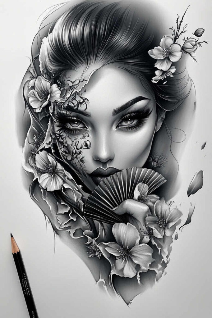 geisha – tattoo design ideas free ai generated – realism-blended-gradients – for-side – Gallery: geisha-inkby-ai