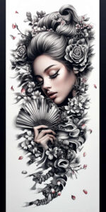 geisha-light – tattoo design ideas free ai generated – surrealism-enigmatic – for-lower-leg – Gallery: geisha-inkby-ai