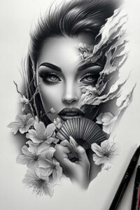 geisha-pose – tattoo design ideas free ai generated – neotraditional-fine-detail – for-ribs – Gallery: geisha-inkby-ai