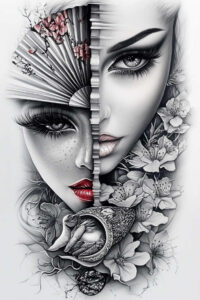 geisha-spirit – tattoo design ideas free ai generated – surrealism-distorted-perspective – for-knee – Gallery: geisha-inkby-ai