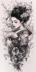 geisha-symbol-of-beauty – tattoo design ideas free ai generated – realism-photographic-quality – for-spine – Gallery: geisha-inkby-ai