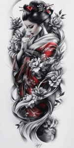geisha-symbol-of-femininity – tattoo design ideas free ai generated – neotraditional-clear-lines – for-spine – Gallery: geisha-inkby-ai