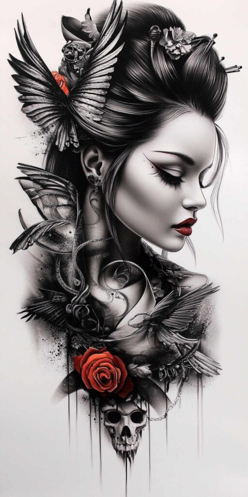 geisha-symbol-of-femininity – tattoo design ideas free ai generated – neotraditional-enhanced-color – for-back-of-neck – Gallery: geisha-inkby-ai