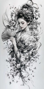 geisha-tattoo-design – tattoo design ideas free ai generated – realism-realistic – for-foot – Gallery: geisha-inkby-ai