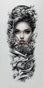 geisha-tattoo-design – tattoo design ideas free ai generated – surrealism-altered-reality – for-shin – Gallery: geisha-inkby-ai