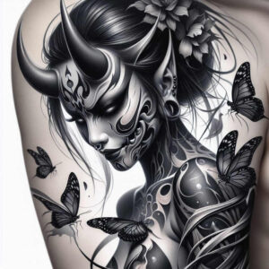 geisha-tattoo – tattoo design ideas free ai generated – surrealism-imperfect-symmetry – for-shoulder – Gallery: geisha-inkby-ai