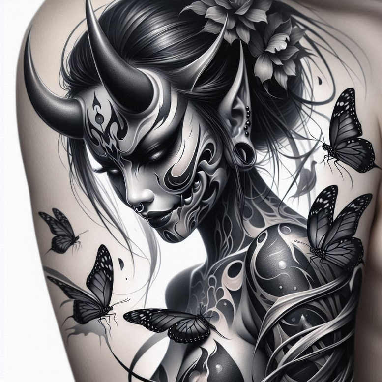 geisha-tattoo – tattoo design ideas free ai generated – surrealism-imperfect-symmetry – for-shoulder – Gallery: geisha-inkby-ai