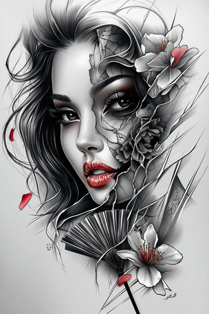 geisha-with-details – tattoo design ideas free ai generated – surrealism-disorienting – for-back-of-neck – Gallery: geisha-inkby-ai