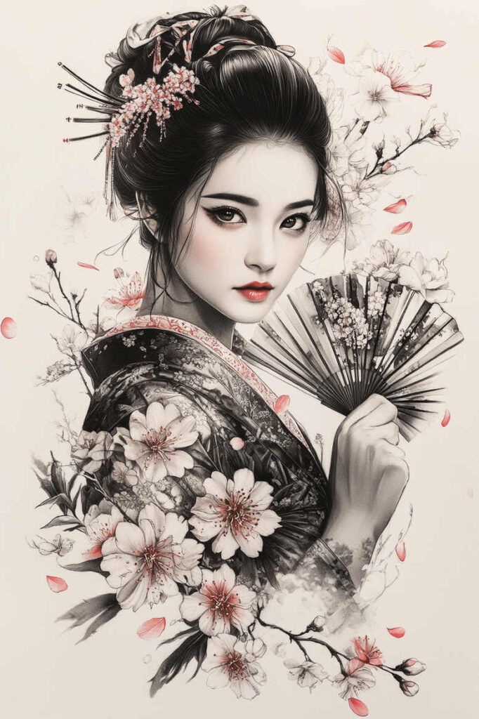 geisha-with-fan – tattoo design ideas free ai generated – neotraditional-artful-color – for-full-back – Gallery: geisha-inkby-ai