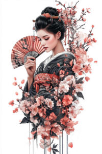 geisha-with-fan – tattoo design ideas free ai generated – realism-natural-contours – for-full-back – Gallery: geisha-inkby-ai