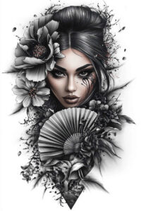 geisha-with-fan – tattoo design ideas free ai generated – realism-visual-truth – for-side-torso – Gallery: geisha-inkby-ai