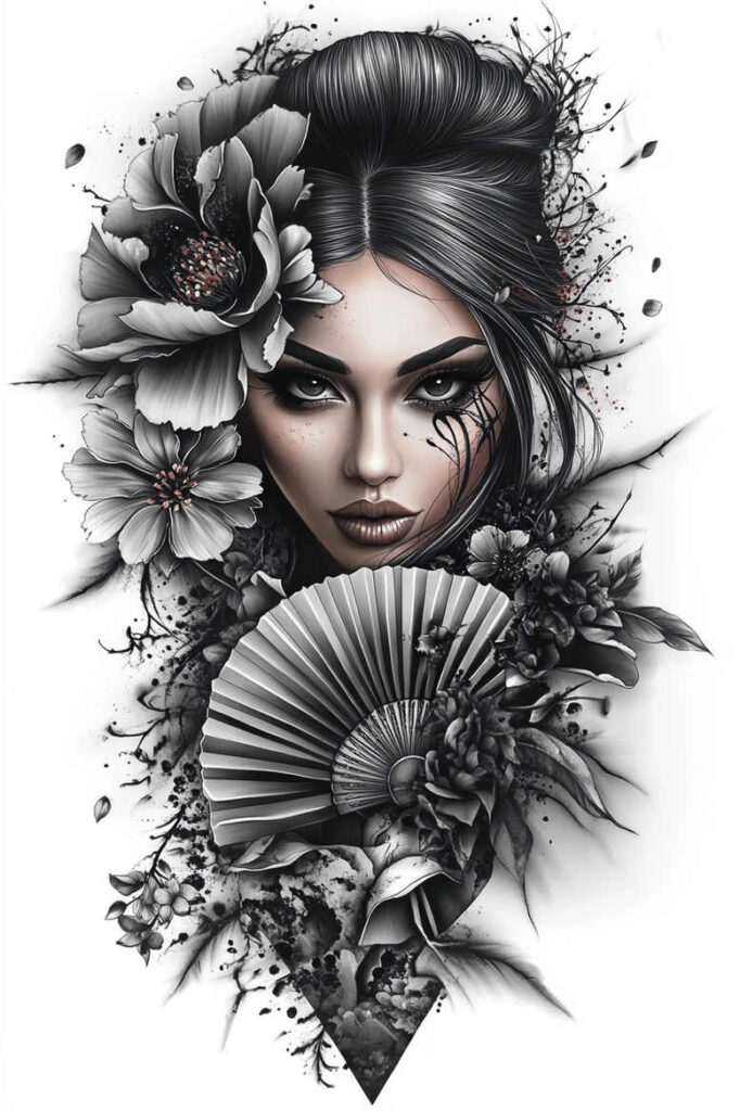 geisha-with-fan – tattoo design ideas free ai generated – realism-visual-truth – for-side-torso – Gallery: geisha-inkby-ai