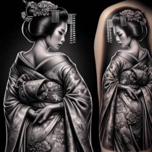 geisha-with-feathers – tattoo design ideas free ai generated – neotraditional-clean-lines – for-inner-arm – Gallery: geisha-inkby-ai