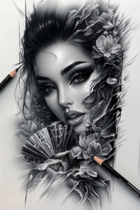 geisha-with-flowers – tattoo design ideas free ai generated – neotraditional-artistic-contrast – for-forearm – Gallery: geisha-inkby-ai