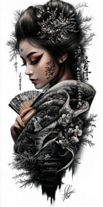 geisha-with-flowers – tattoo design ideas free ai generated – realism-clean-lines – for-lower-thigh – Gallery: geisha-inkby-ai