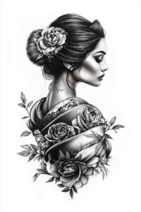 geisha-with-flowers – tattoo design ideas free ai generated – realism-fine-lines – for-nape – Gallery: geisha-inkby-ai