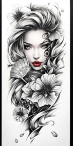 geisha-with-flowers – tattoo design ideas free ai generated – surrealism-ethereal-textures – for-ankle – Gallery: geisha-inkby-ai